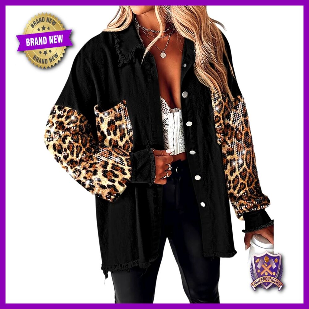 Oversized Denim Shacket Sequin Patchwork Long Sle… - image 1